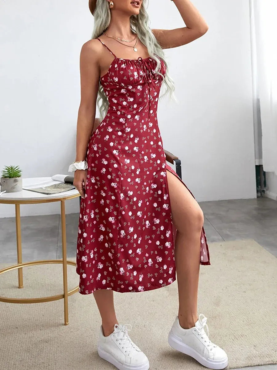 Robe d'été midi imprimé floral et fente haute