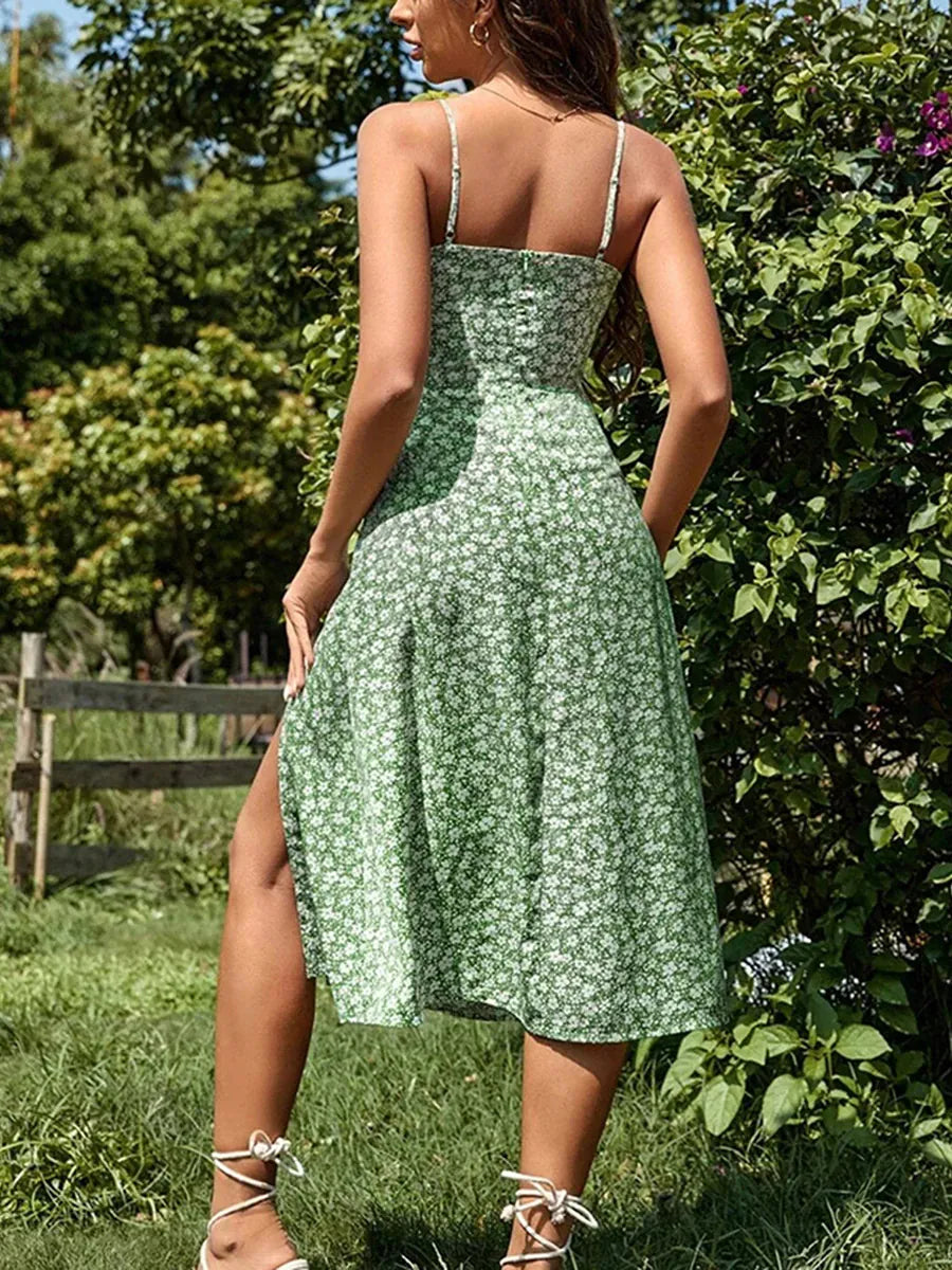Robe d'été midi imprimé floral et fente haute