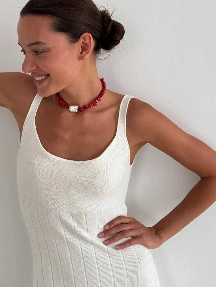 Robe blanche été fluide femme sans manches casual longue décolleté carrée en maille élégante et confortable