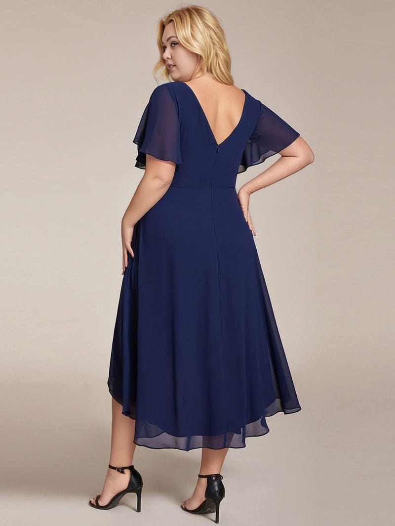 Robe de soirée grande taille chic bleu manches courtes longue fluide femme dos nu élégante pour événement