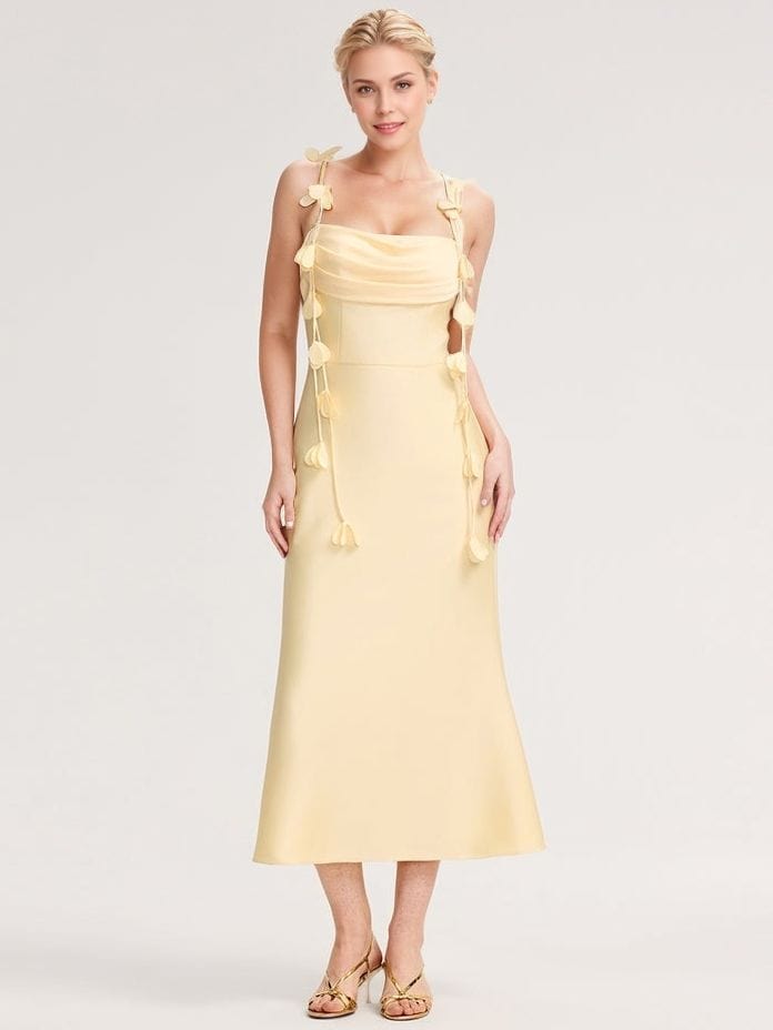 Robe longue champagne élégante pour mariage invité chic, décolleté, bretelles à fleurs, style bohème
