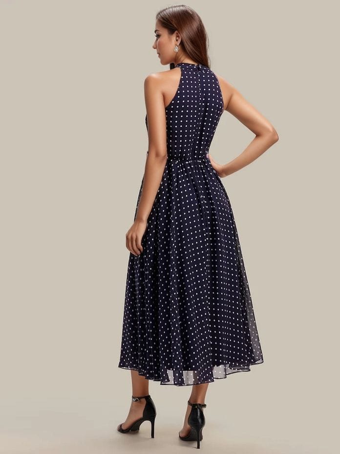 Robe de cocktail bleu marine à pois sans manches col licou