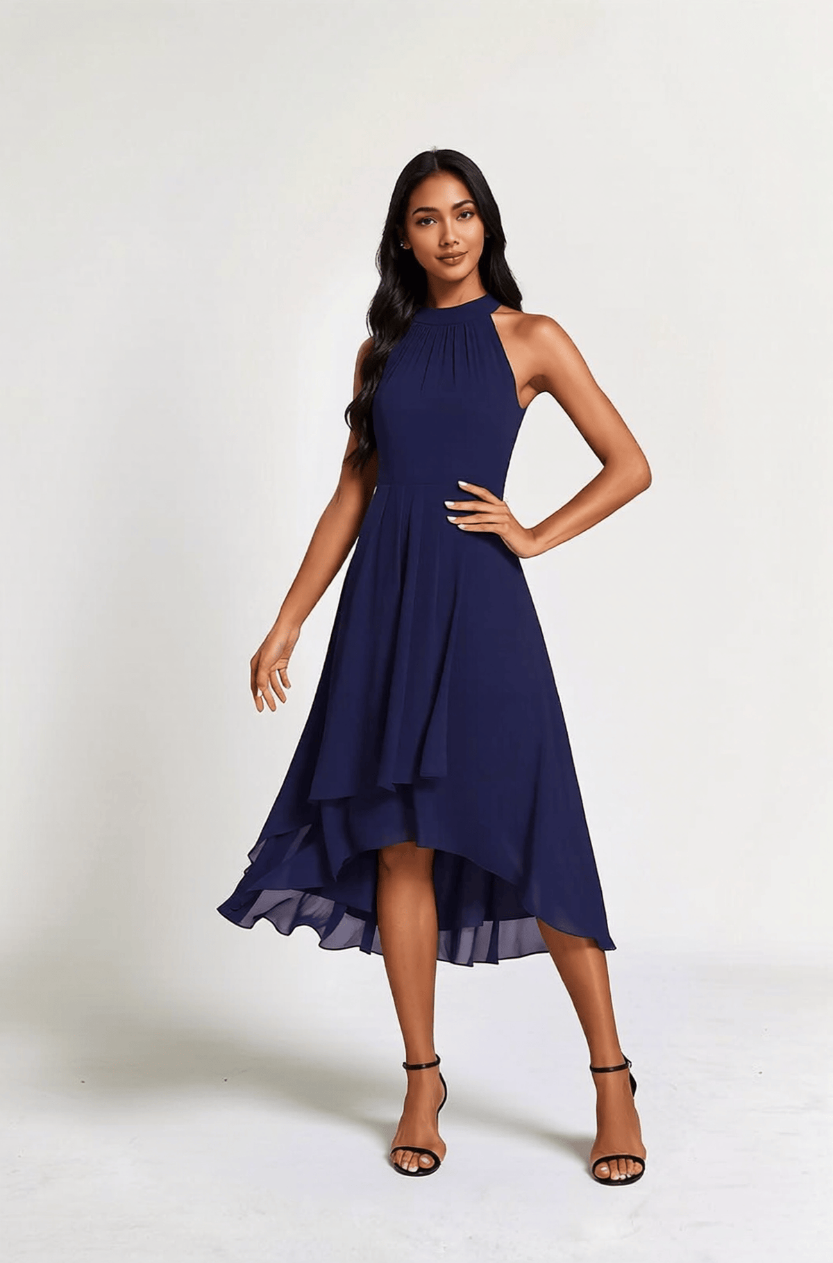 Robe cocktail asymétrique bleu grande taille chic sans manches élégante pour soirée ou mariage invité