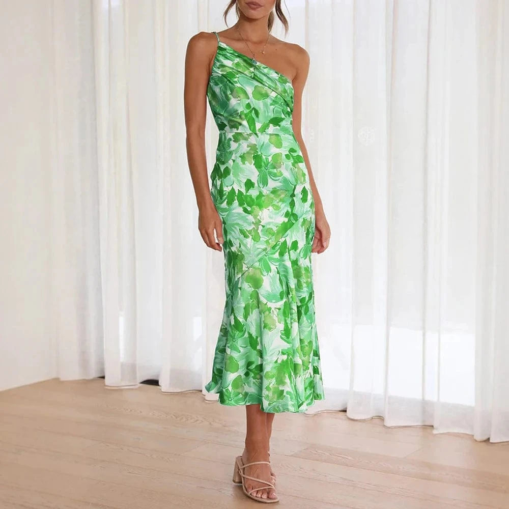 Robe été fluide verte asymétrique longue pour mariage invité chic imprimée fleurie, sans manches élégante