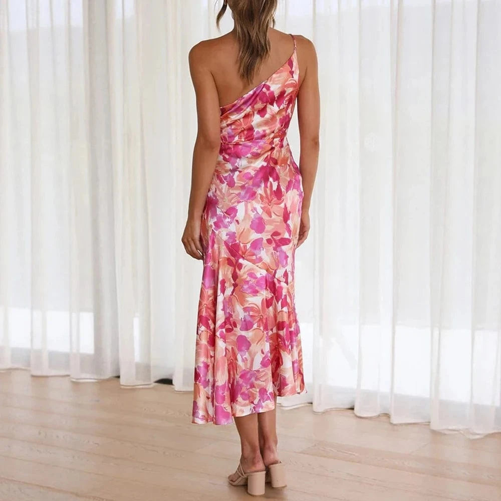 Robe cocktail dos nu fleurie midi satinée rose orange élégante pour soirée mariage invitée été