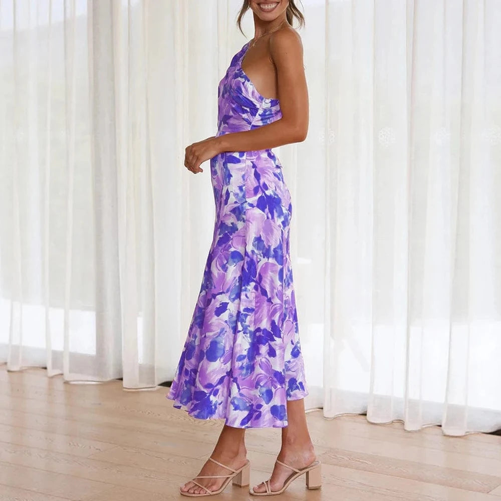 Robe fleurie été midi dos nu violette chic fluide pour mariage invitée style bohème élégante