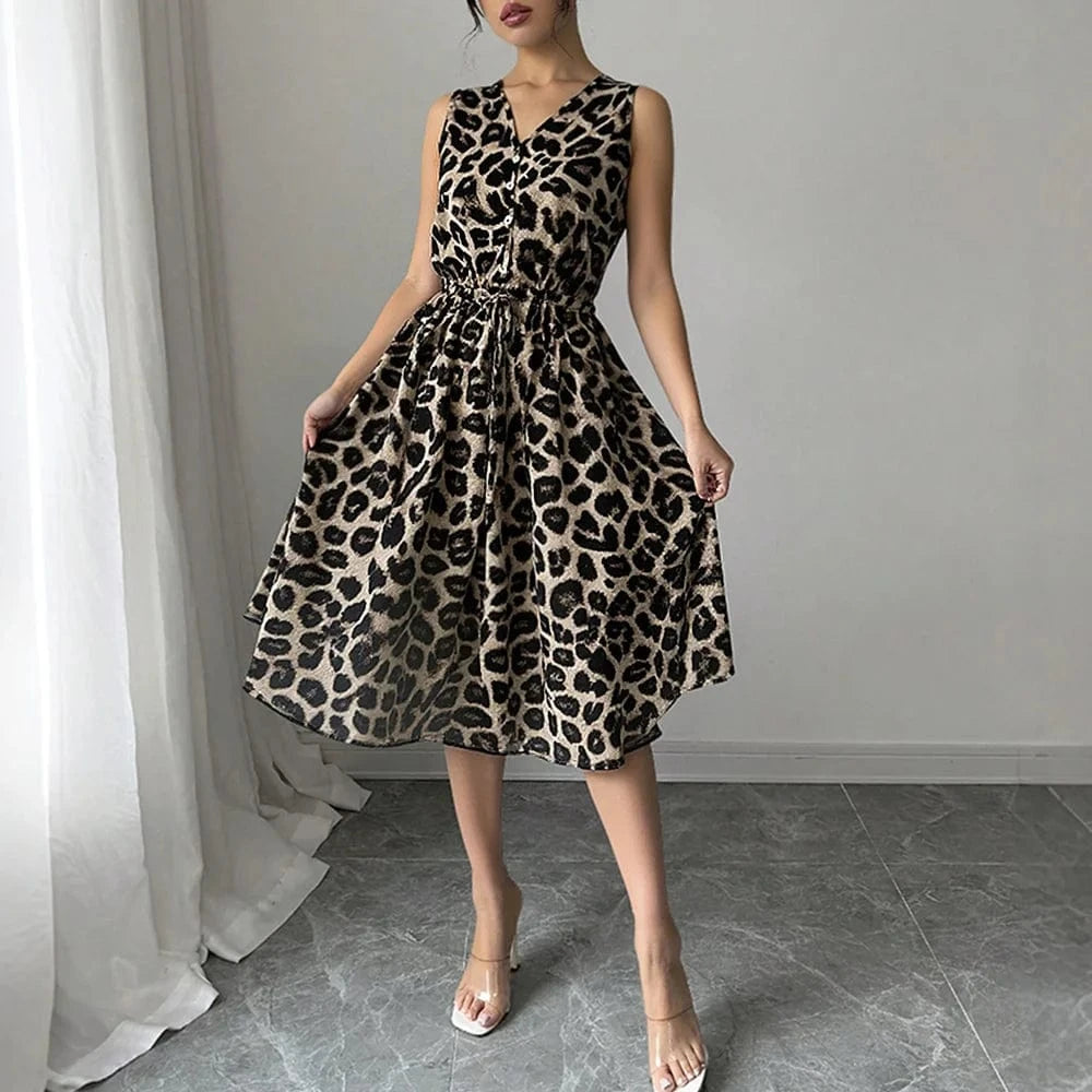 Robe midi élégante femme été chic sans manches imprimé léopard évasée pour soirée ou cocktail