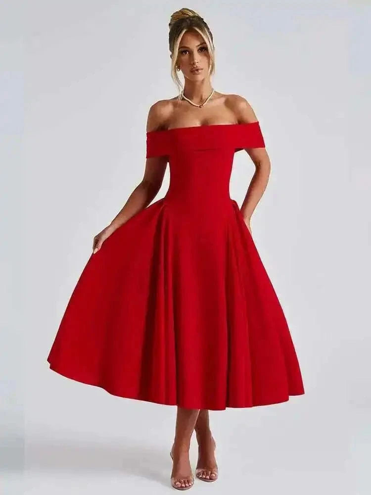 Robe de soirée chic rouge longue décolleté épaules dénudées élégante pour évènement spécial ou mariage