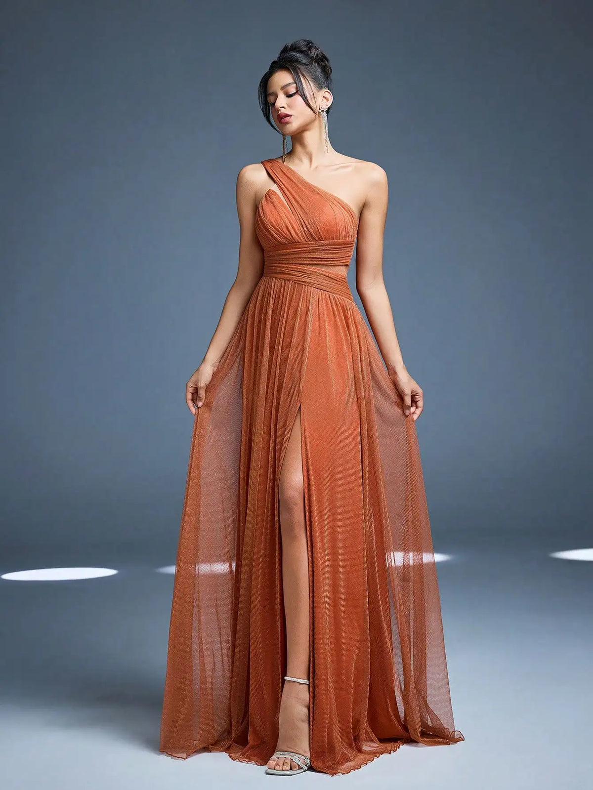 Robe de demoiselle d'honneur terracotta à une épaule et fente haute