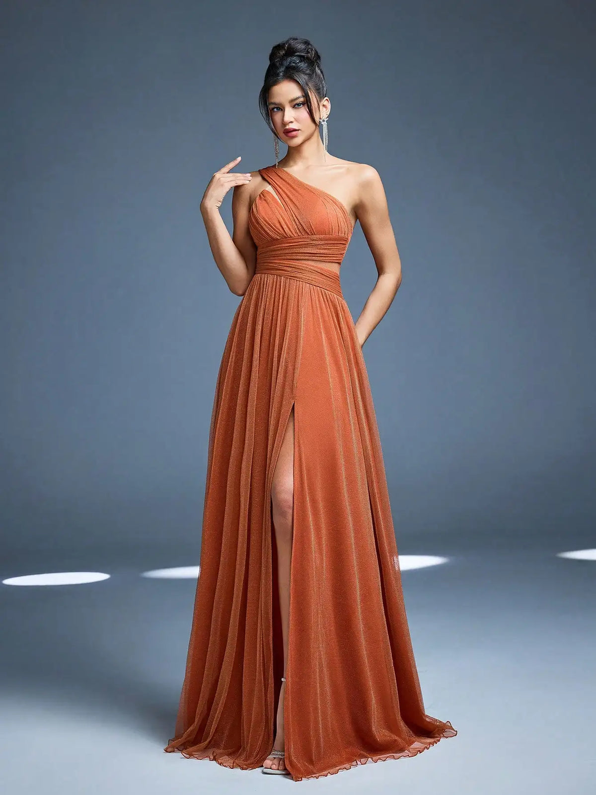 Robe de demoiselle d'honneur terracotta à une épaule et fente haute