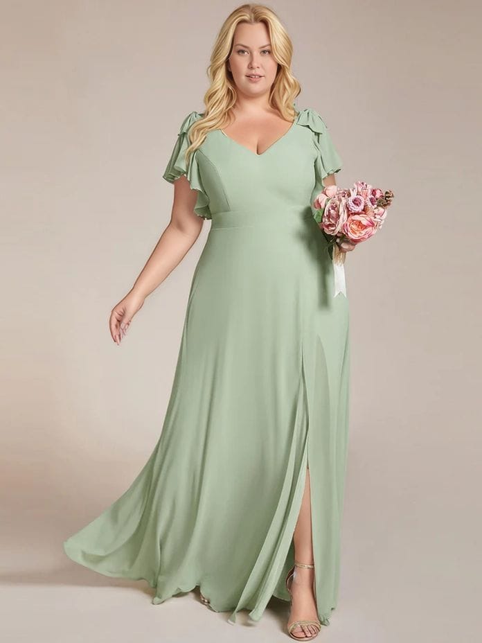 Robe de demoiselle d'honneur verte longue fendue