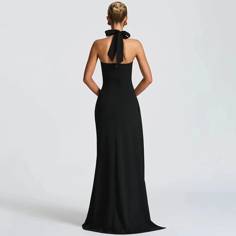 Robe de soirée dos nu longue noire élégante style chic pour mariage invité ou soirée habillée femme