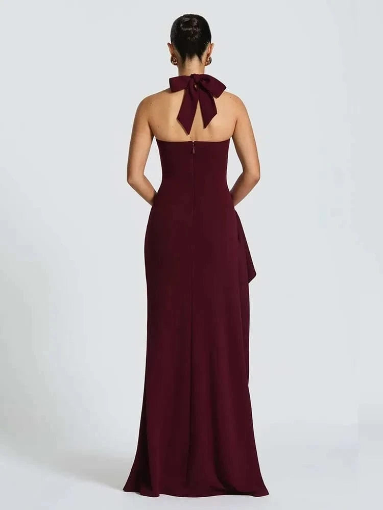 Robe de soirée mariage longue bordeaux dos nu élégante pour invitée chic, parfaite pour évènement habillé