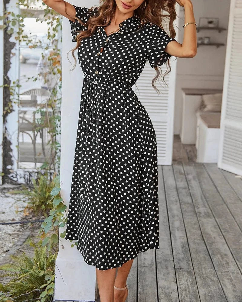 Robe midi noire à pois blancs chic casual été fluide femme ceinture manches courtes col chemise