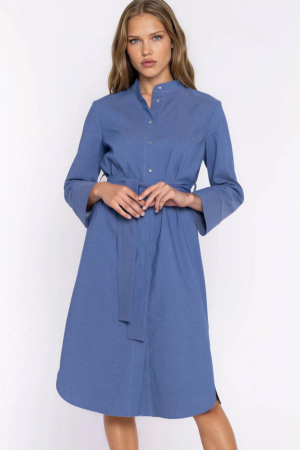 Robe midi droite chemise en jean bleu manches longues ceinture casual tendance pour femme élégante