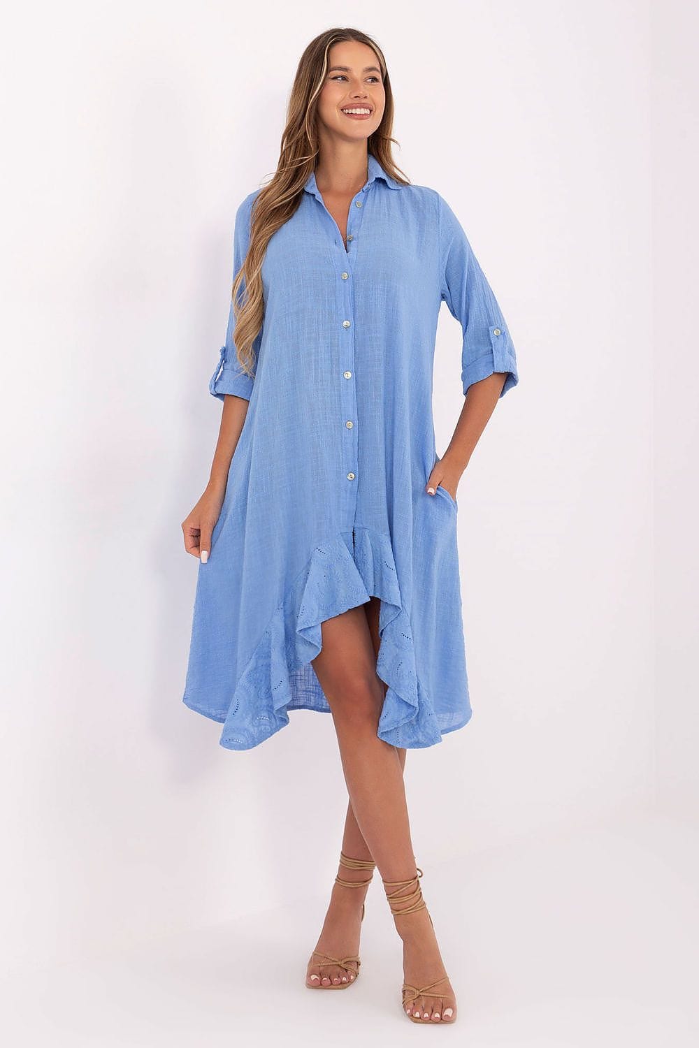 Robe été chemise fluide femme bleu midi manches 3/4 décontractée avec boutons pour plage ou casual