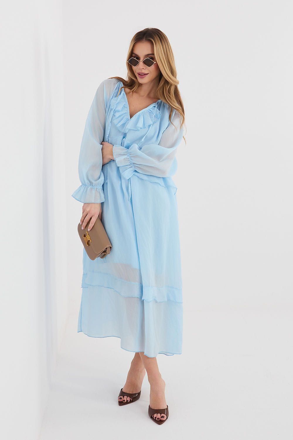 Robe longue fluide femme bleu manches longues chic printemps été pochette accessoires élégante