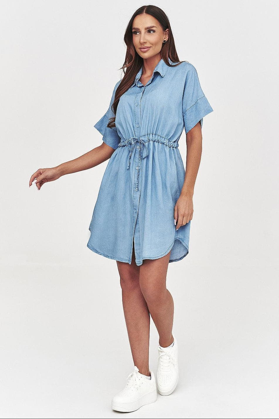 Robe courte en jean casual manches courtes été femme col chemise tendance avec lien à la taille