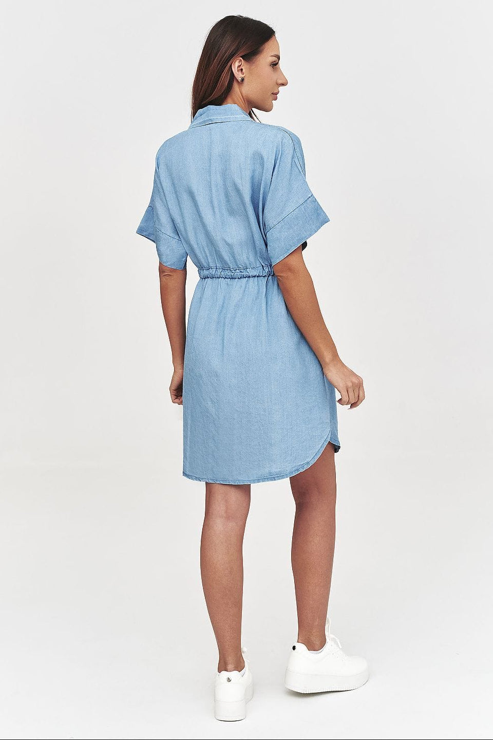 Robe en jean courte casual, manches courtes, tenue décontractée été, style chemise fluide tendance