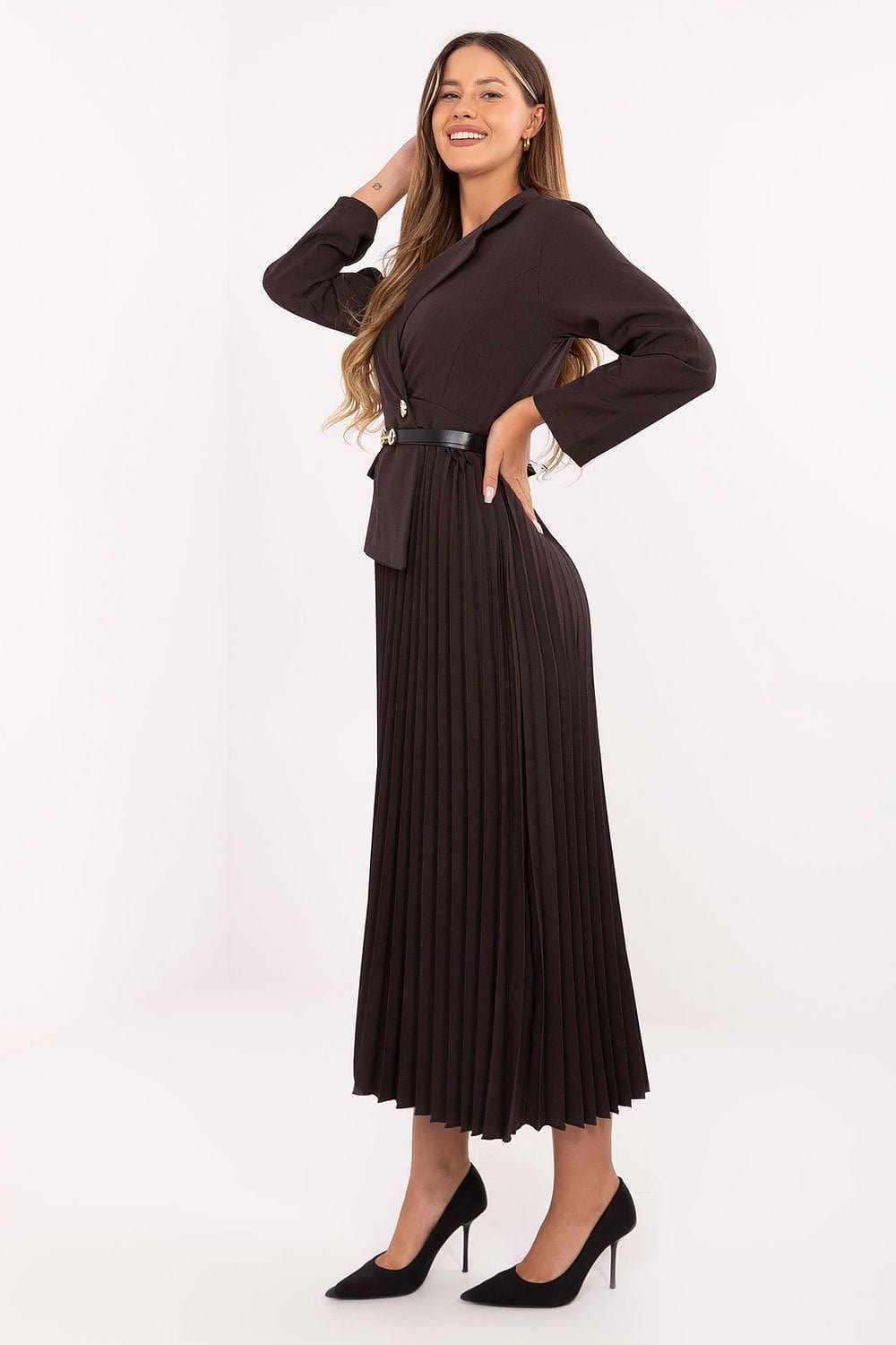 Robe midi noire plissée chic manches longues blazer ceinturée élégante pour soirée ou cocktail femme
