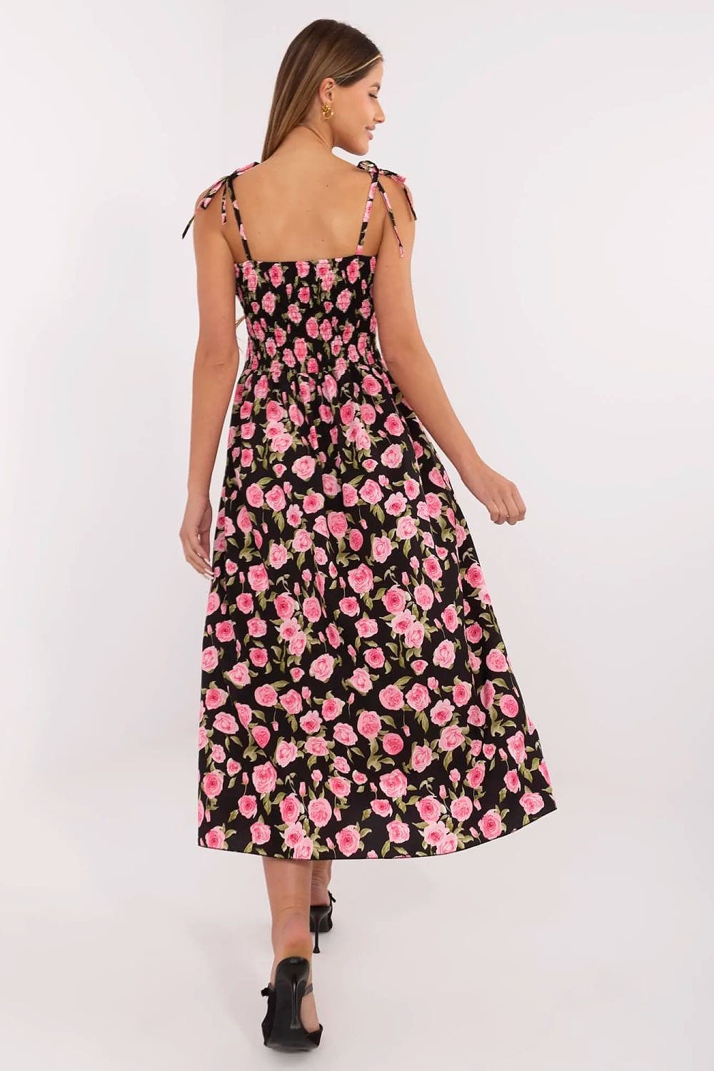 Robe été bohème fleurie noire rose midi évasée à bretelles idéale pour mariage invité ou sortie plage