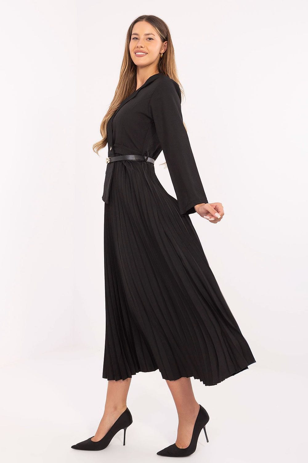 Robe midi noire plissée chic manches longues ceinture blazer soirée cocktail élégante pour femme