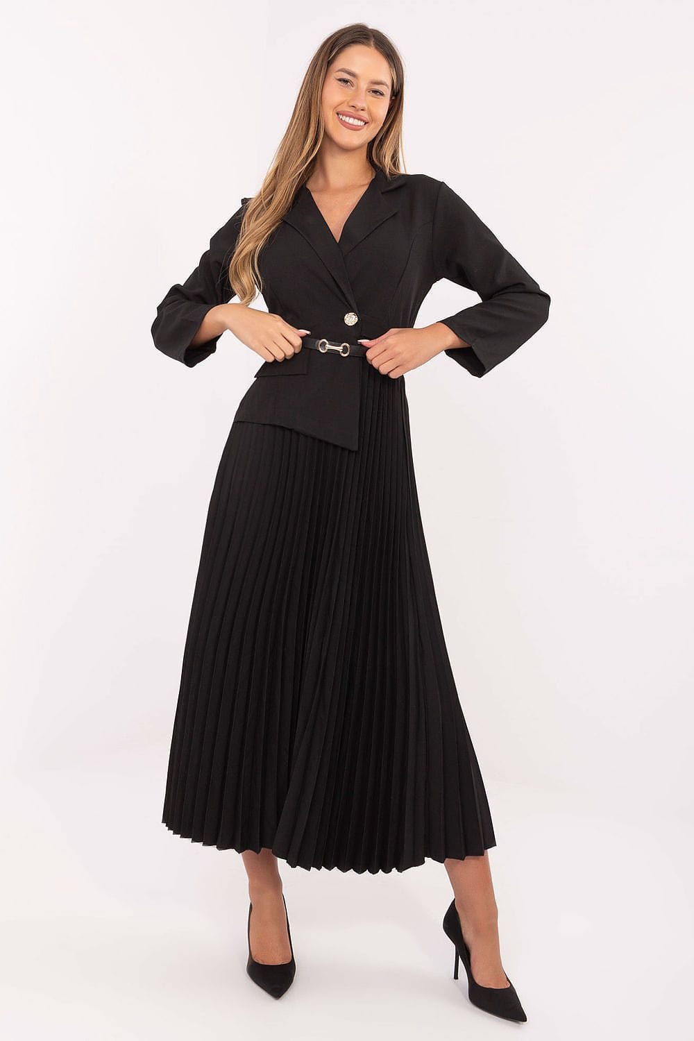 Robe longue noire blazer plissée chic pour soirée élégante femme, manches longues style habillé tendance
