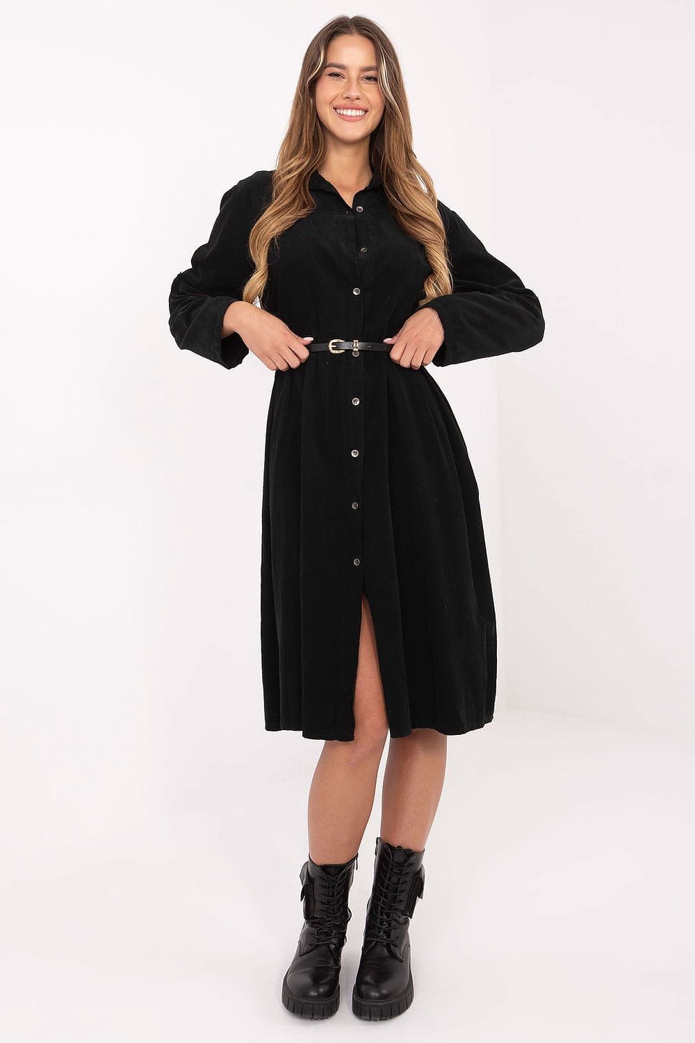 Robe midi noire droite chemise manches longues ceinturée style casual automne hiver élégante femme