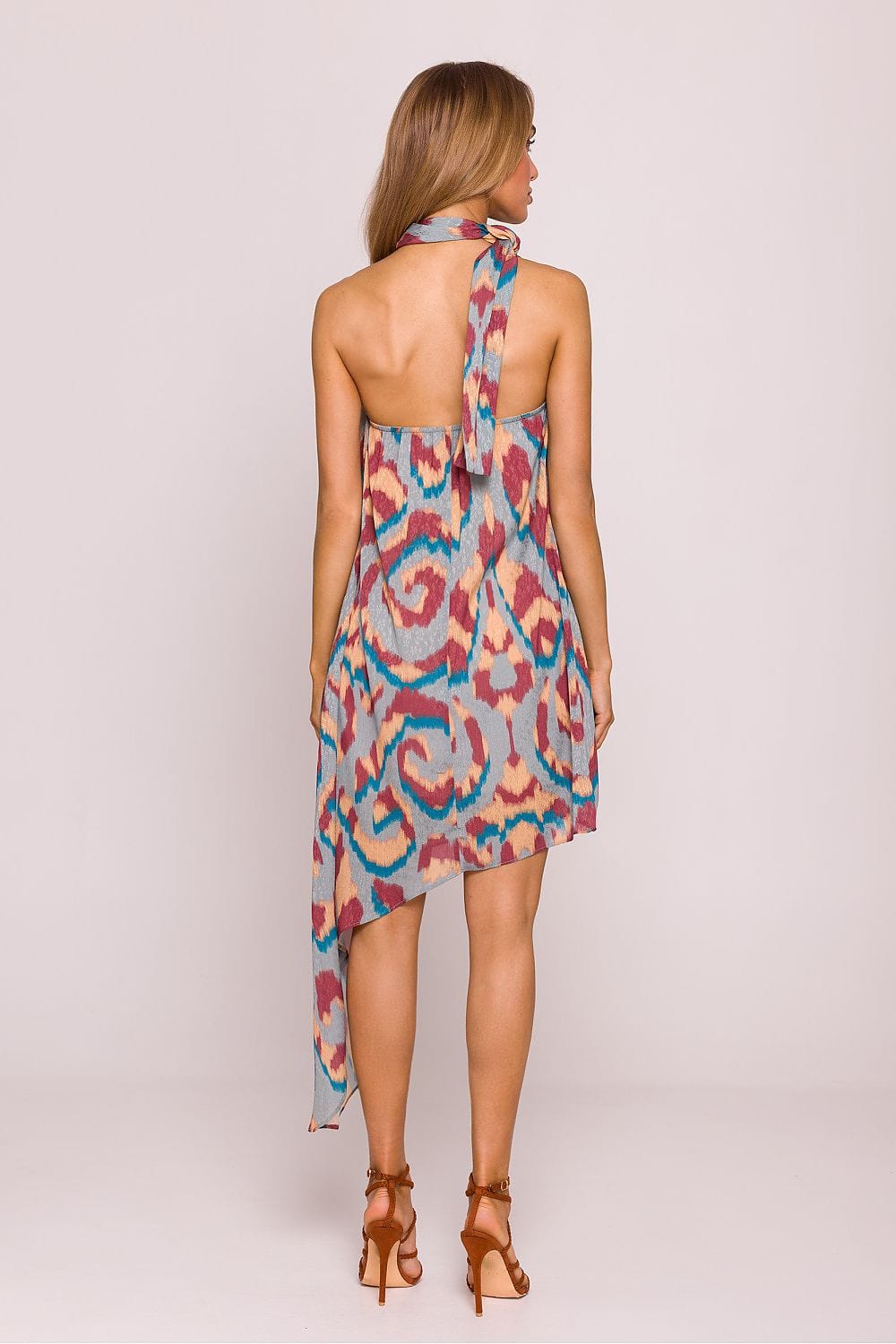 Robe asymétrique dos nu courte multicolore été, imprimé bohème pour soirée chic femme élégante