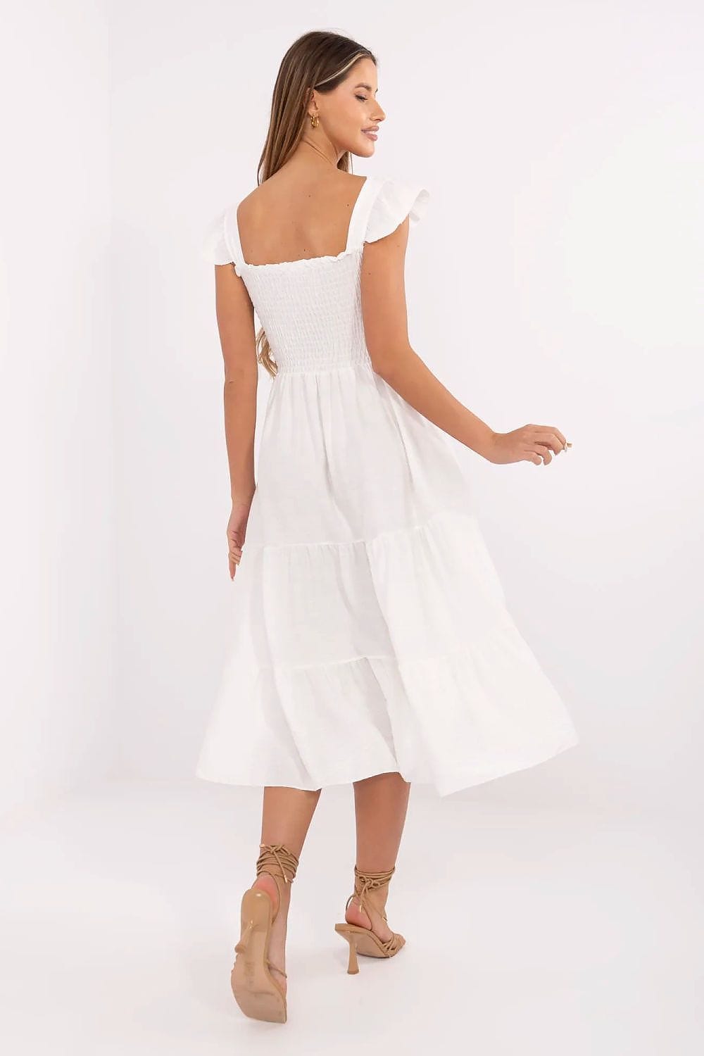 Robe blanche été bohème midi évasée manches courtes en coton parfaite pour mariage invité ou plage