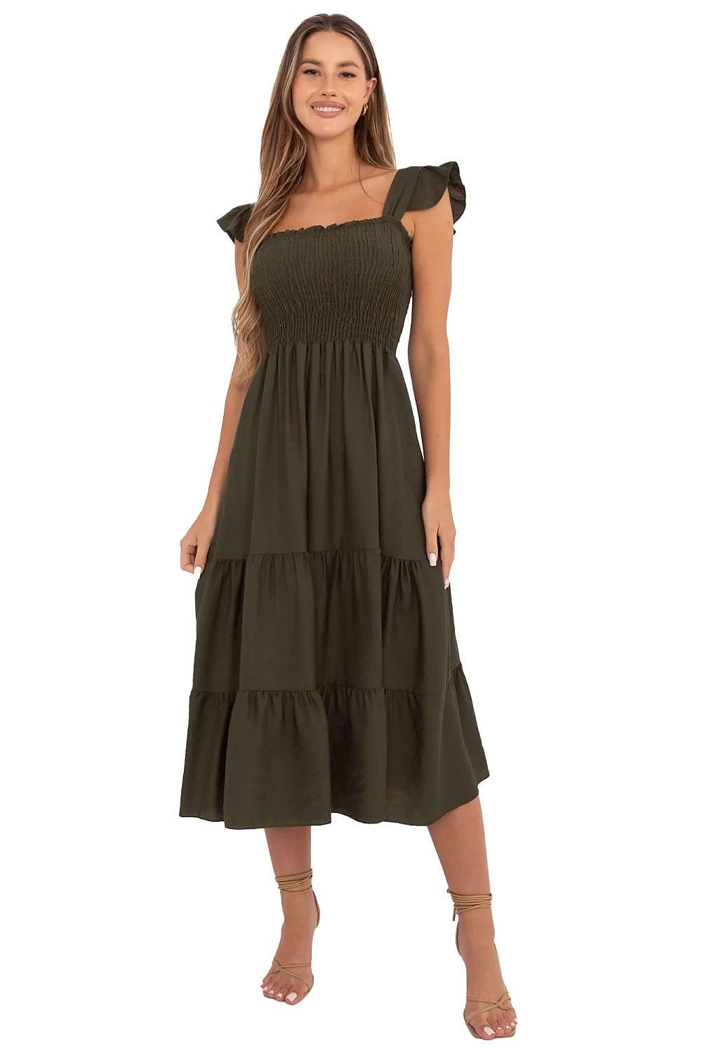 Robe bohème midi verte fluide à manches courtes pour été, parfaite pour une occasion décontractée ou plage