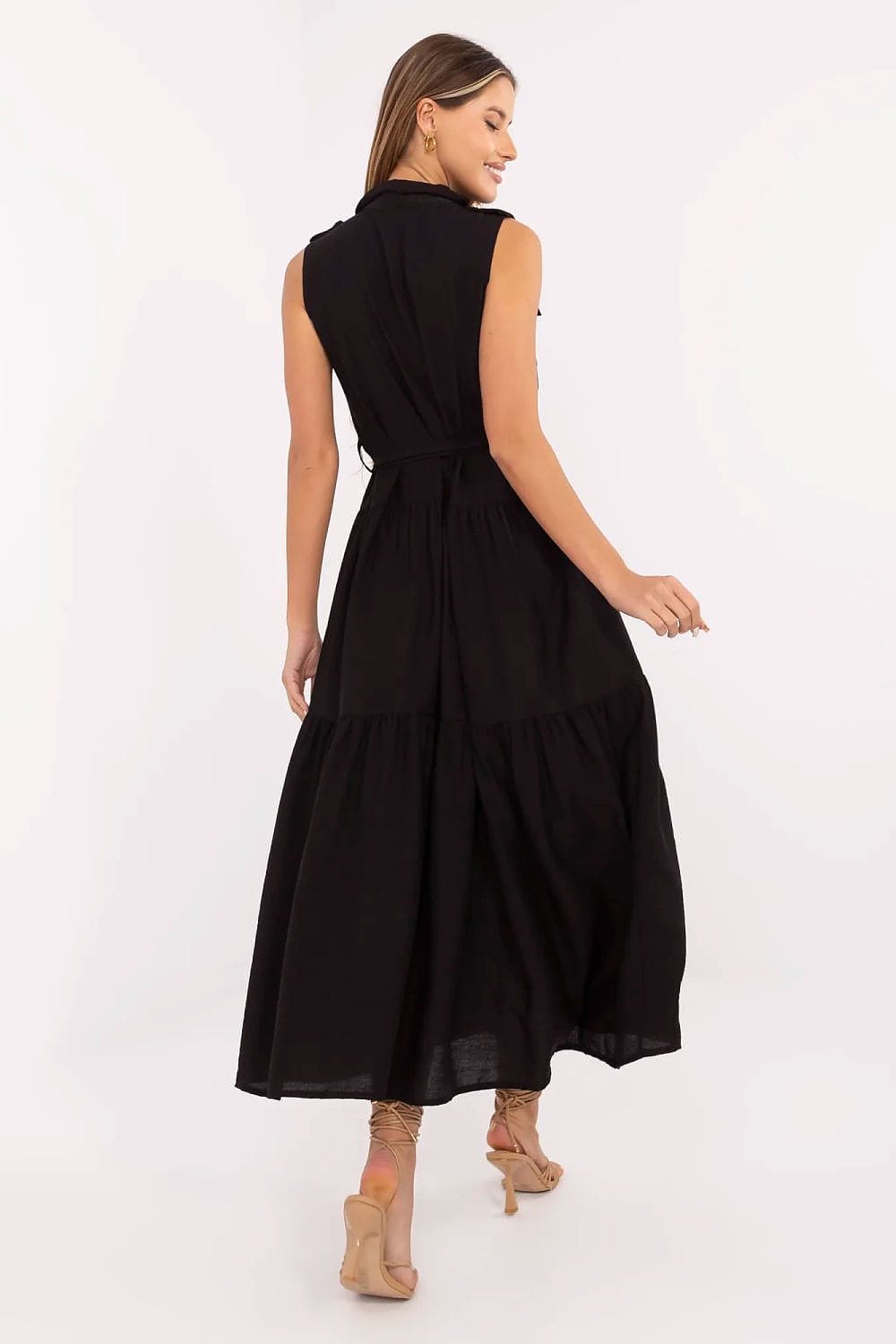 Robe longue noire sans manches fluide femme chic été, idéale pour mariage invité ou cocktail élégant