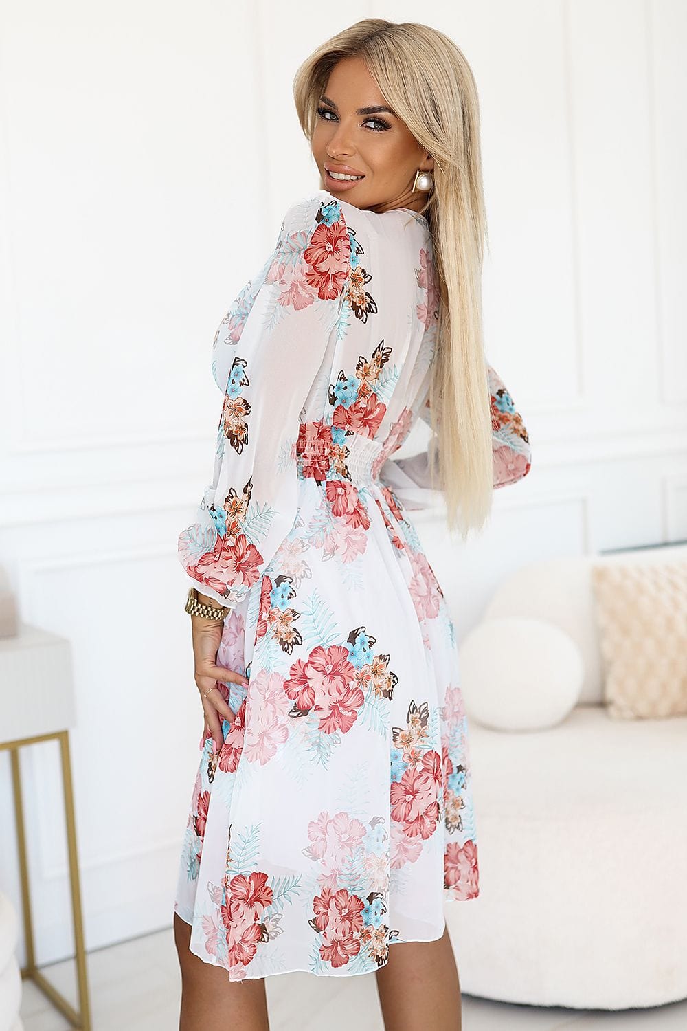 Robe été bohème fleurie blanche midi manches longues femme élégante style décontracté chic invitée