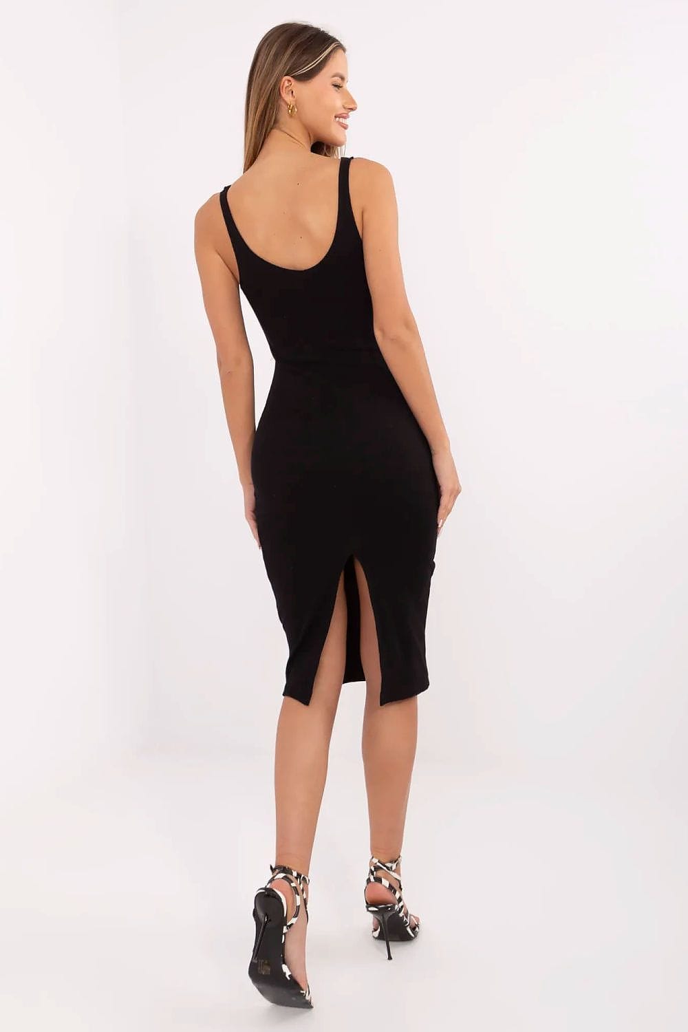 Robe noire moulante soirée chic midi dos nu fendue sans manches élégante idéale cocktail événement