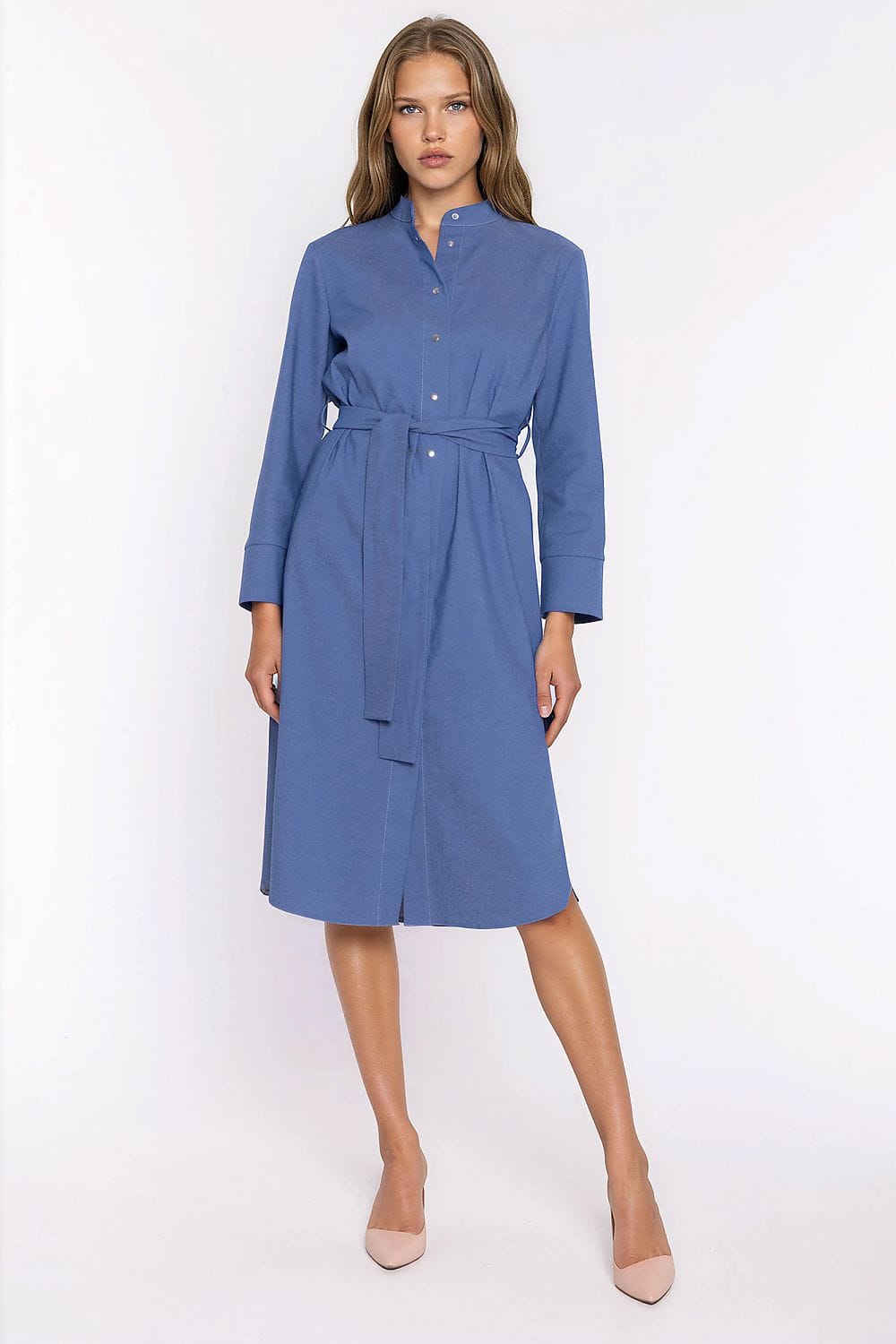 Robe chemise midi bleu manches longues ceinturée style casual élégante pour le travail ou sorties printemps