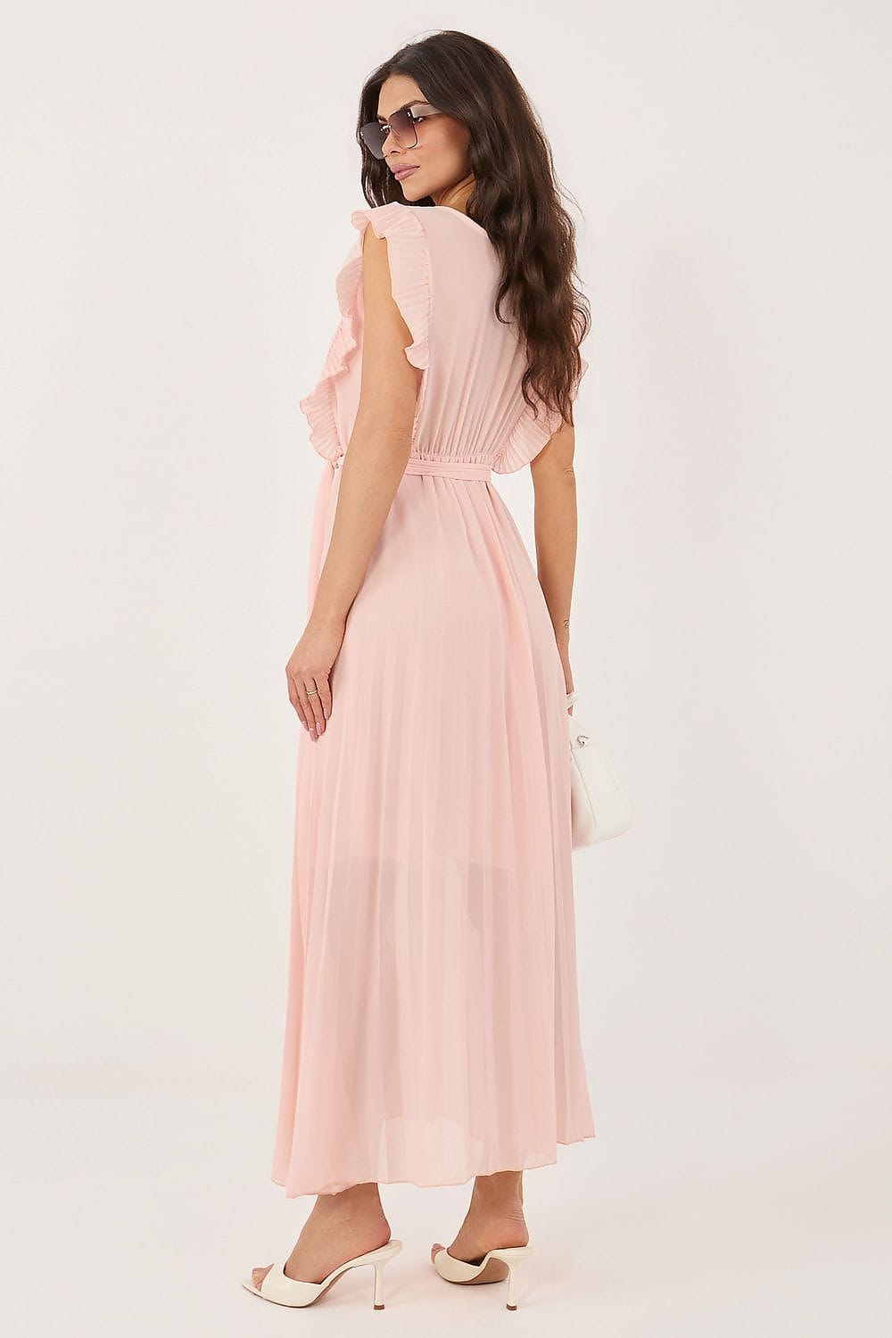 Robe longue plissée rose poudré pour invité mariage chic été, manches courtes, élégante et fluide