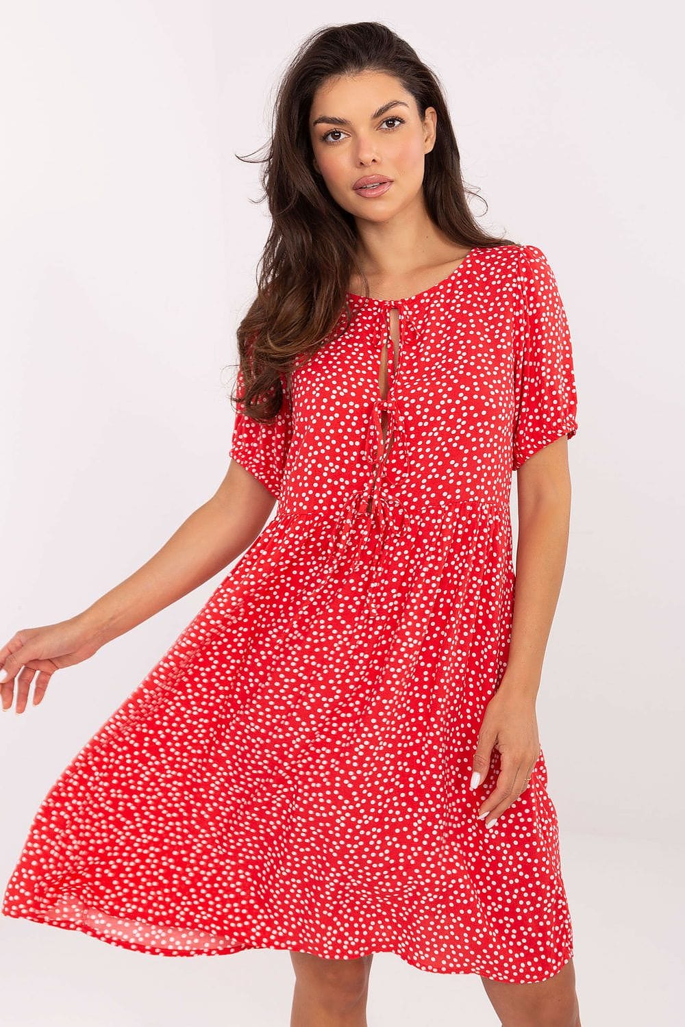 Robe été bohème rouge courte à pois blancs avec manches courtes fluide et décolleté pour femme casual