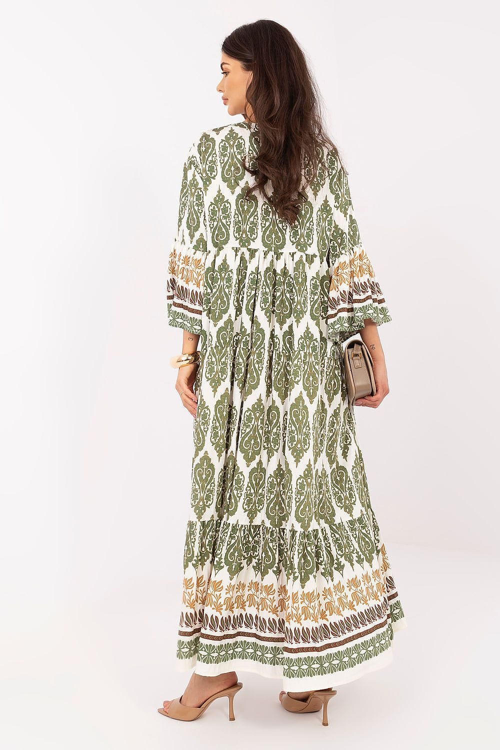 Robe bohème longue verte à motifs imprimés manches longues, idéale pour mariage invité été ou vacances plage