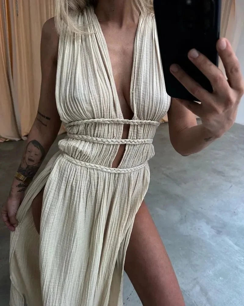 Robe longue bohème été en gaze de coton beige décolleté fendue sans manches, parfaite pour la plage