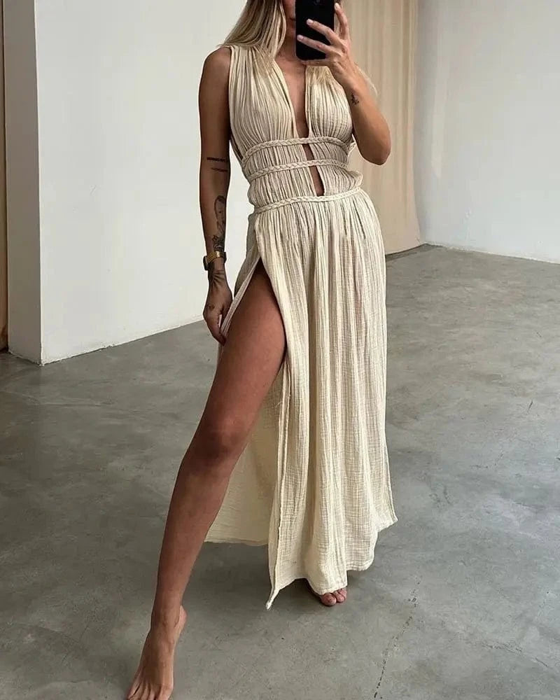 Robe longue fendue été bohème beige fluide sans manches pour mariage invité chic ou soirée décontractée