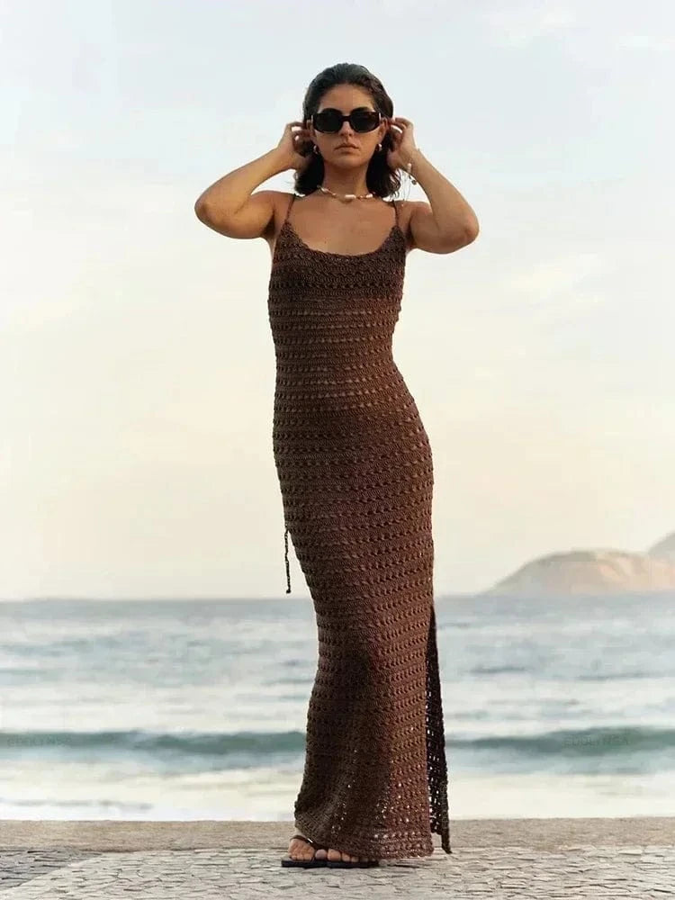Robe plage crochet longue marron sans manches chic décontractée été femme mode tendance bord de mer