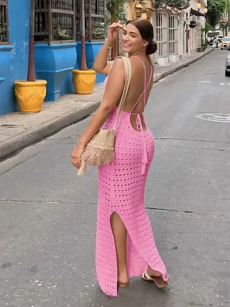 Robe de plage longue en maille bretelles fines