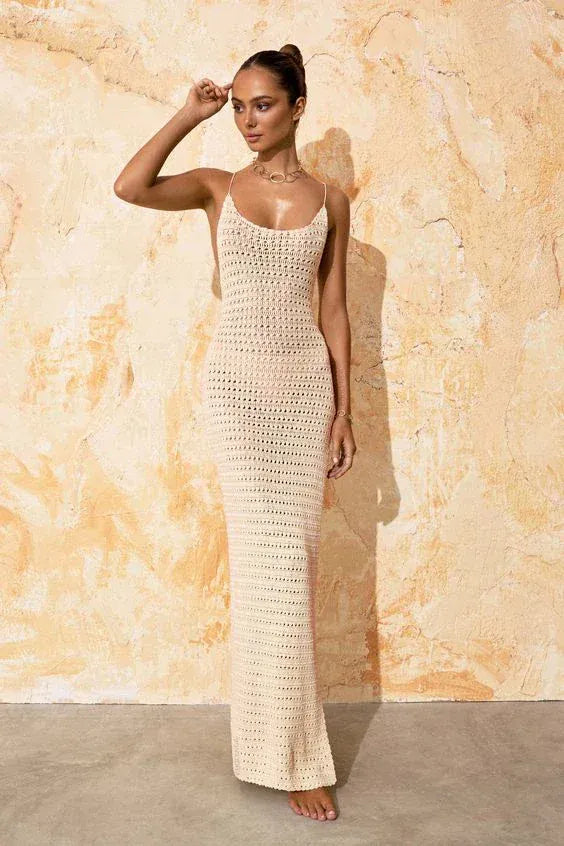 Robe de plage longue en maille bretelles fines