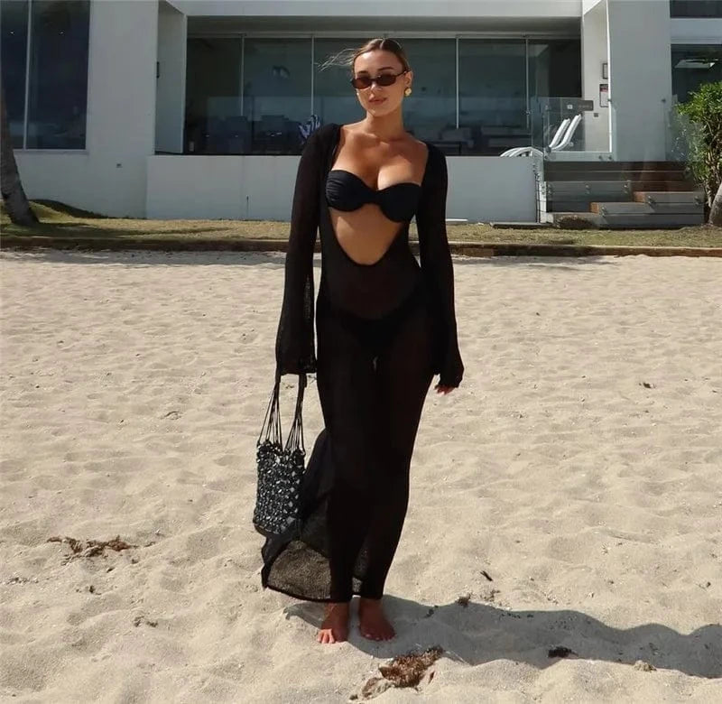 Robe plage noire longue transparente manches longues style sexy accessoire sac tendance été femme