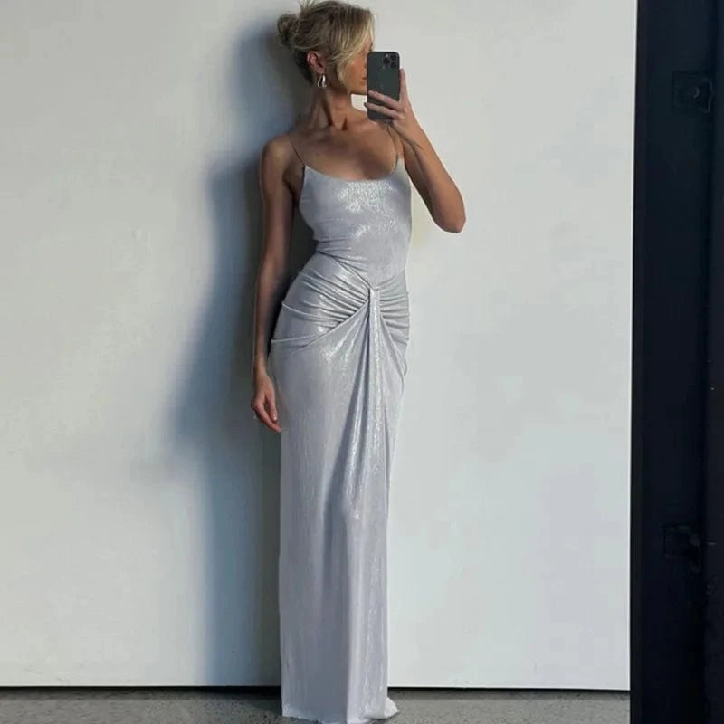 Robe de soirée chic longue argentée moulante sans manches élégante pour gala mariage nouvel an femme