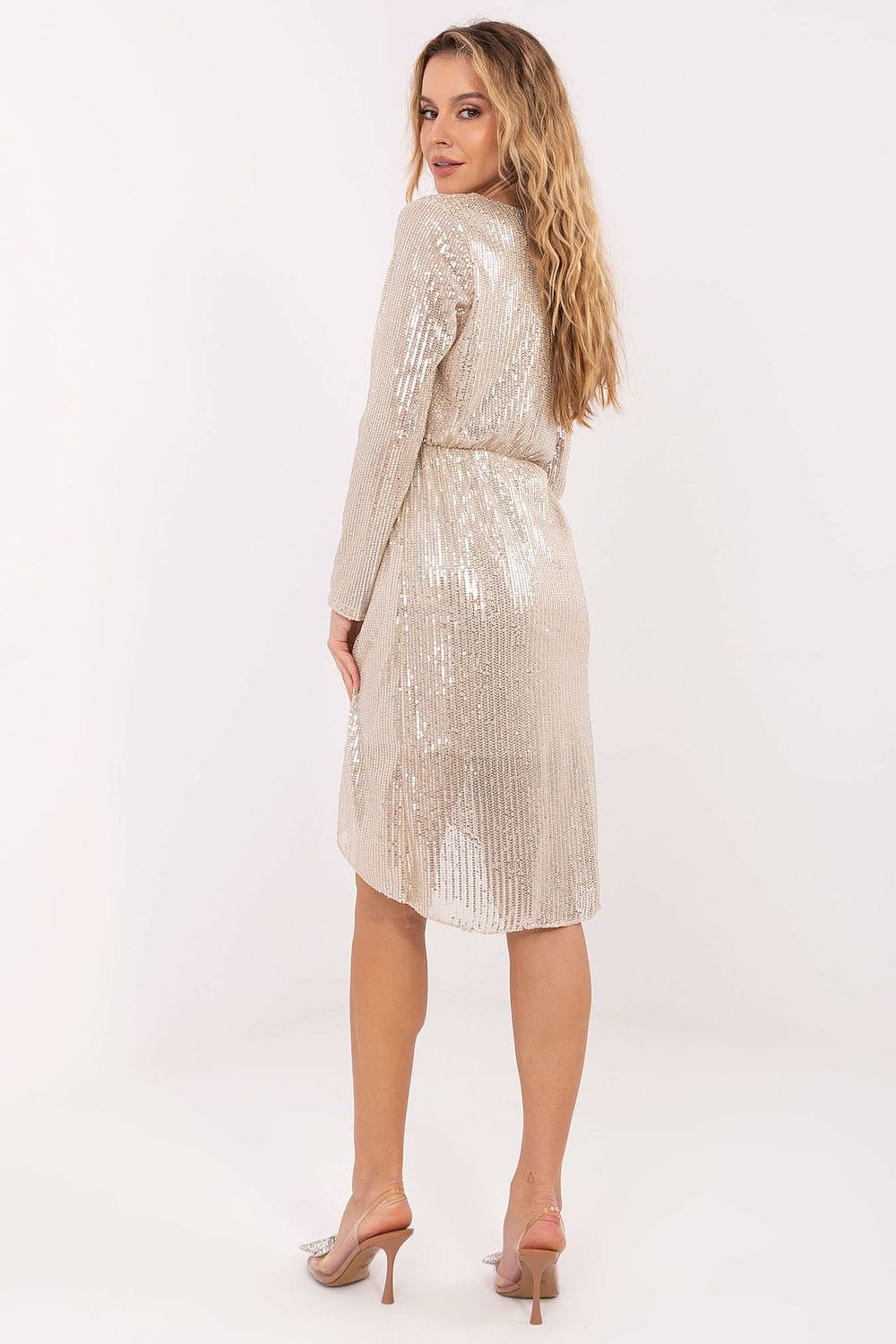 Robe de soirée chic midi manches longues dorée sequin élégante idéale pour nouvel an ou soirée habillée
