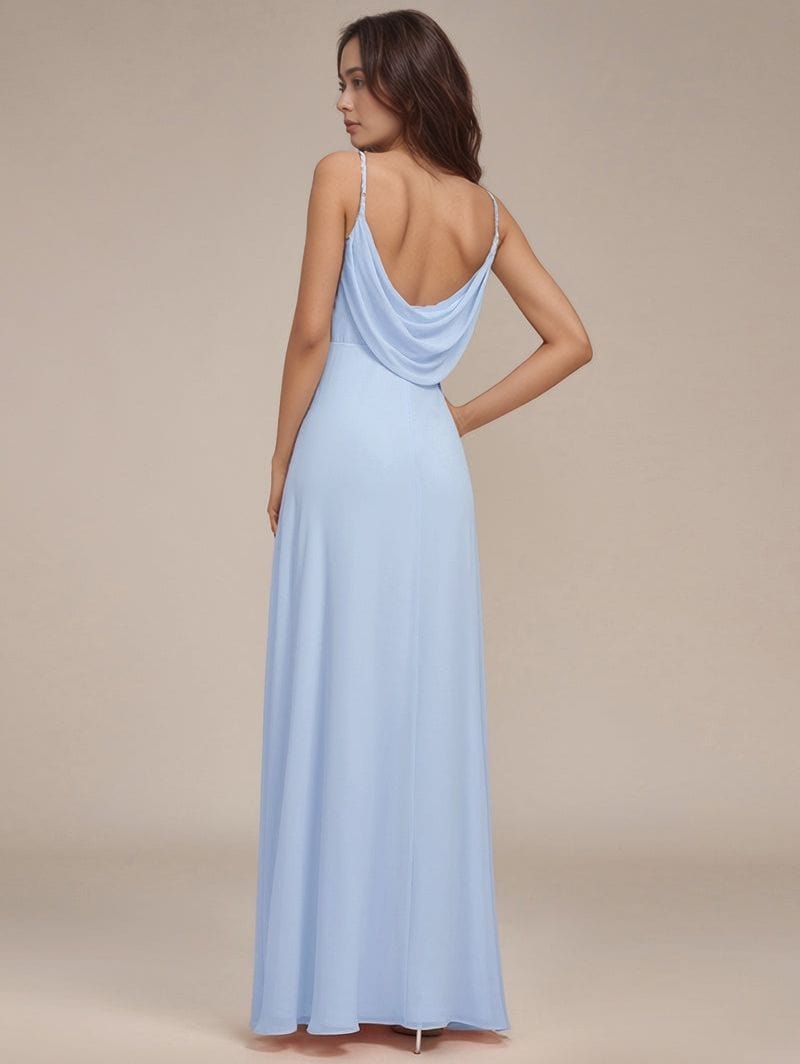 Robe longue dos nu soirée chic bleu élégante manches fines pour mariage invitée ou gala été