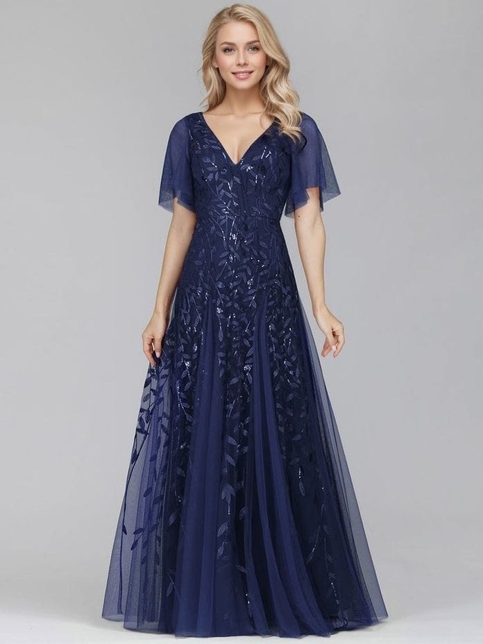 Robe de soirée mariage longue bleu manches courtes trapèze élégante en tulle et sequins pour invitée