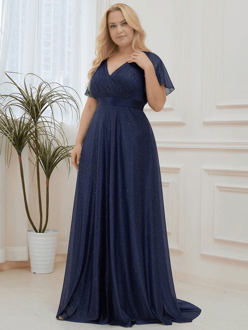 Robe de soirée grande taille chic longue bleu manches courtes fluide femme élégante pour mariage invité