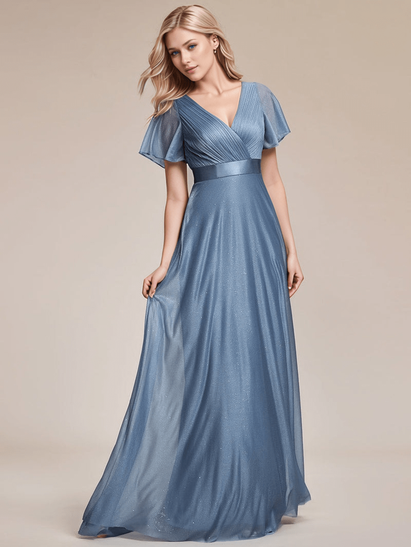 Robe de soirée mariage longue bleue élégante style bohème manches courtes décolleté fluide femme